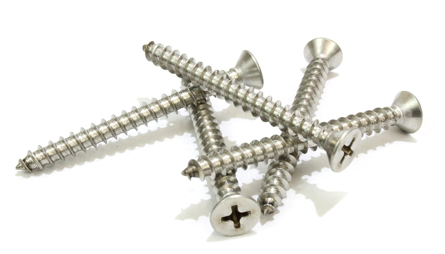 Bolt Dropper #10 X 1-3/4'' Stainless Steel Flat Head Phillips Wood Screw, (100 pc), 18-8 (304) Stainless Steel Sheet Metal Screws- Type A Point, Plain Finish, Threads That Bind