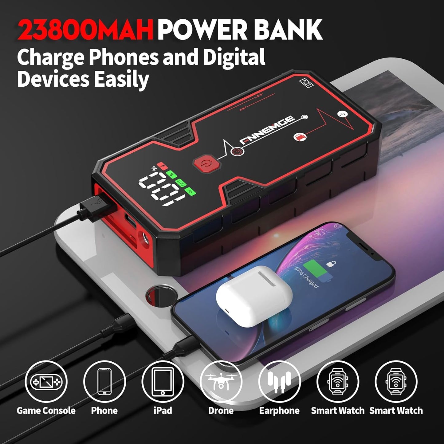 Car Jump Starter, 5000A Peak 23800mAh 12V Jump Starter Battery Pack(Up to All Gas, 8.0L Diesel Engine),with USB Charge Output Port,LED Light,HD Large Screen.
