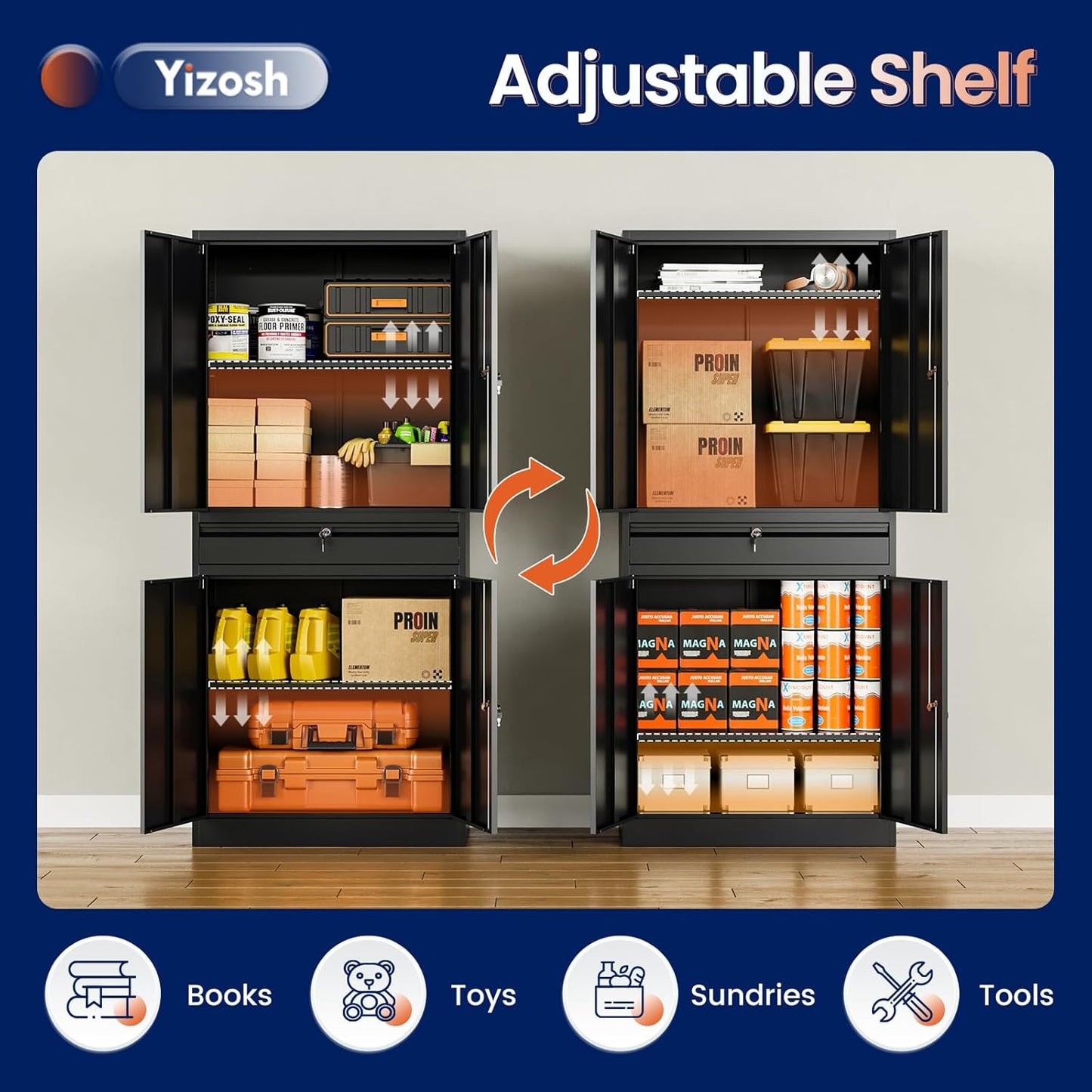 Yizosh Metal Garage Storage Cabinet with Locking Doors and Adjustable Shelves, 71" Tool Storage Cabinet with 1 Drawer for Garage,Warehouse (Black)