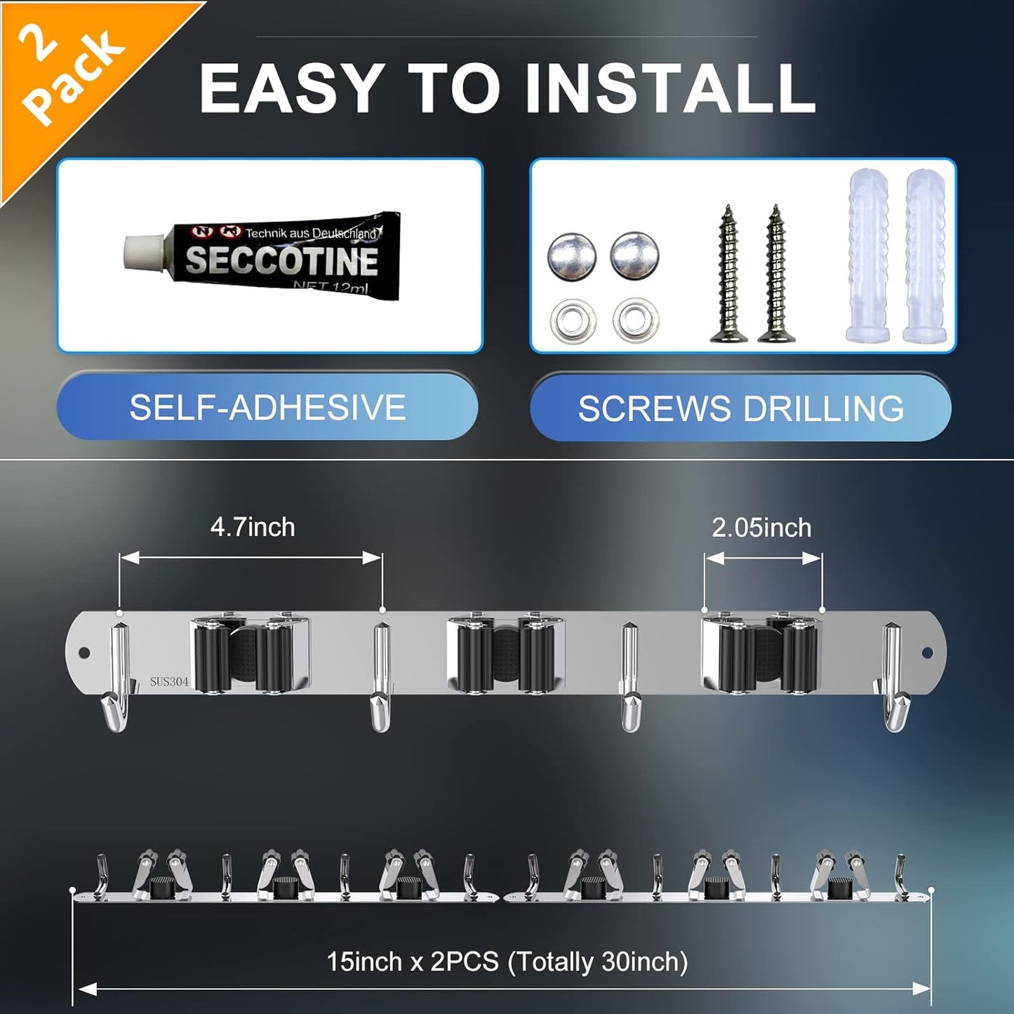 ZONGOOL 2 Pack 3 Racks and 4 Hooks Mop and Broom Holder Wall Mount, Heavy Duty Broom Hanger Organizer Storage Tool Racks Stainless Steel Self Adhesive Wall Hanger for Kitchen Garden Laundry Garage