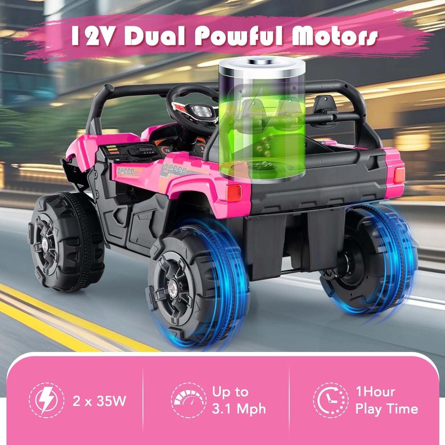 OLAKIDS 12V Ride on Car UTV, Battery Powered Off-Road Kids Electric Vehicles with Remote Control, Music, Horn, MP3, Lights, 3 Speeds, Soft Start, Ride on Truck for Boys Girls (Pink)