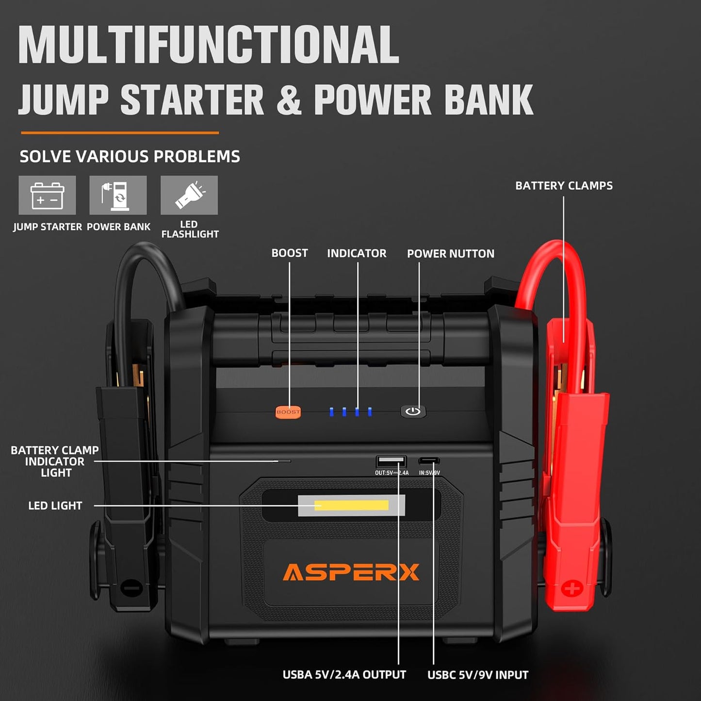 AsperX 6000A Car Jump Starter, Battery Jumper Starter Portable for 12V Vehicles (for All Gas or up to 12L Diesel) - Car Battery Charger with LED Flashlight and Jumper Cables