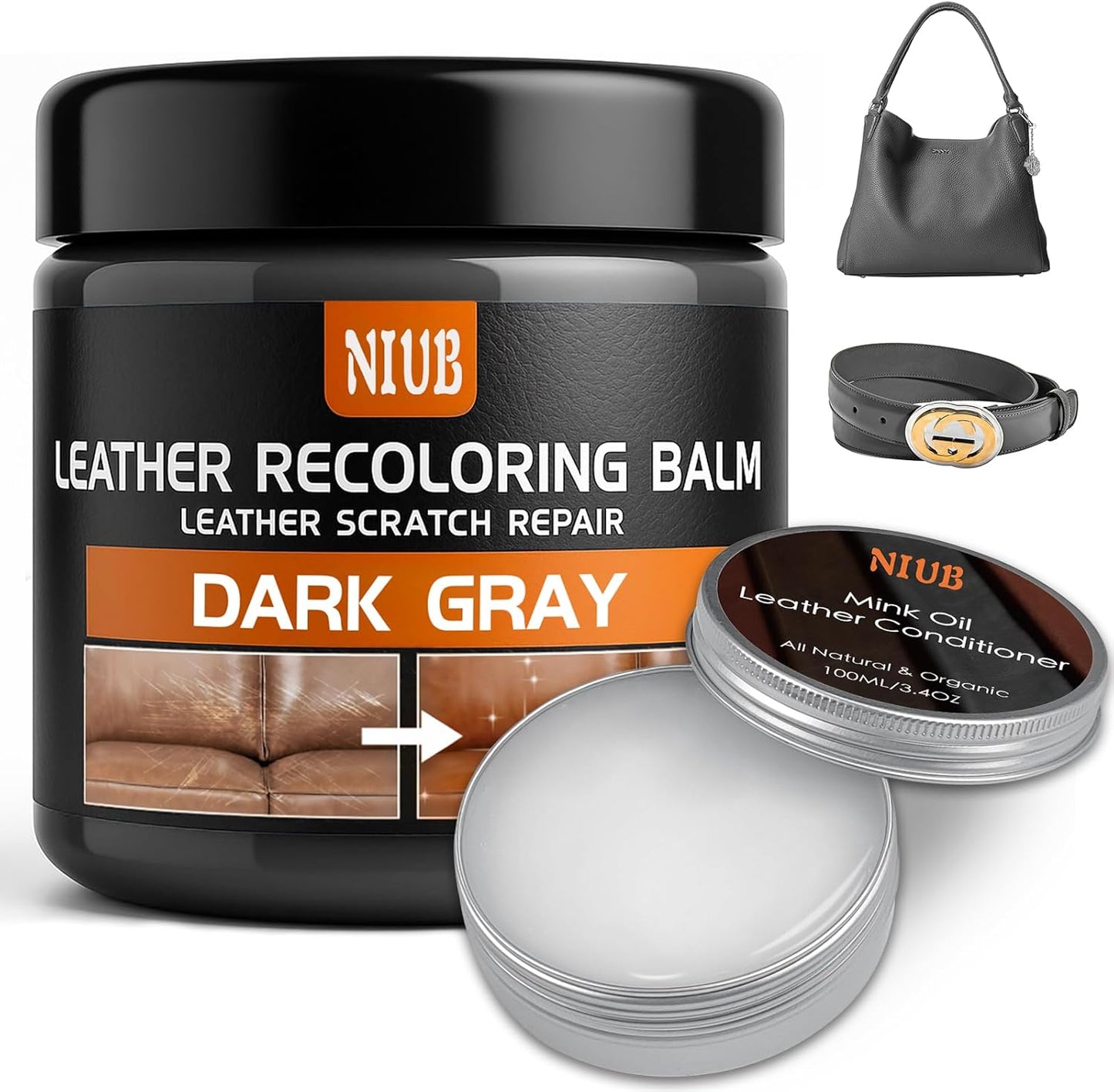 Leather Recoloring Balm Leather Color Restorer Scratch Repair Leather Paint for Furniture Couches Car Seats Shoes Bags Leather Dye and Scratched Leather with Leather Conditioner - Dark Gray