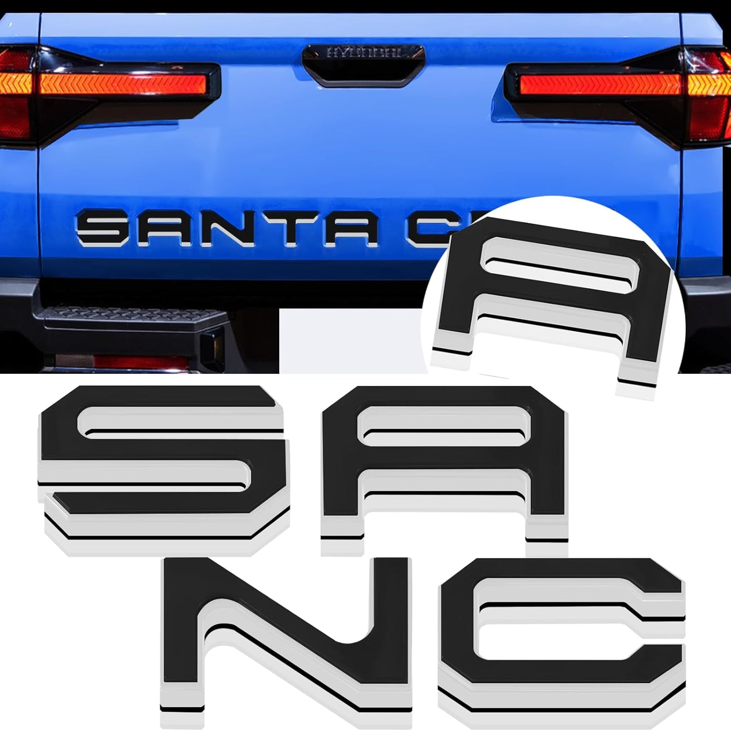 Tailgate Insert Letters Compatible for 2022 2023 2024 2025 Santa Cruz 4D Raised Tailgate Decal Letters (Double Layer Silver Edge Black Faced)