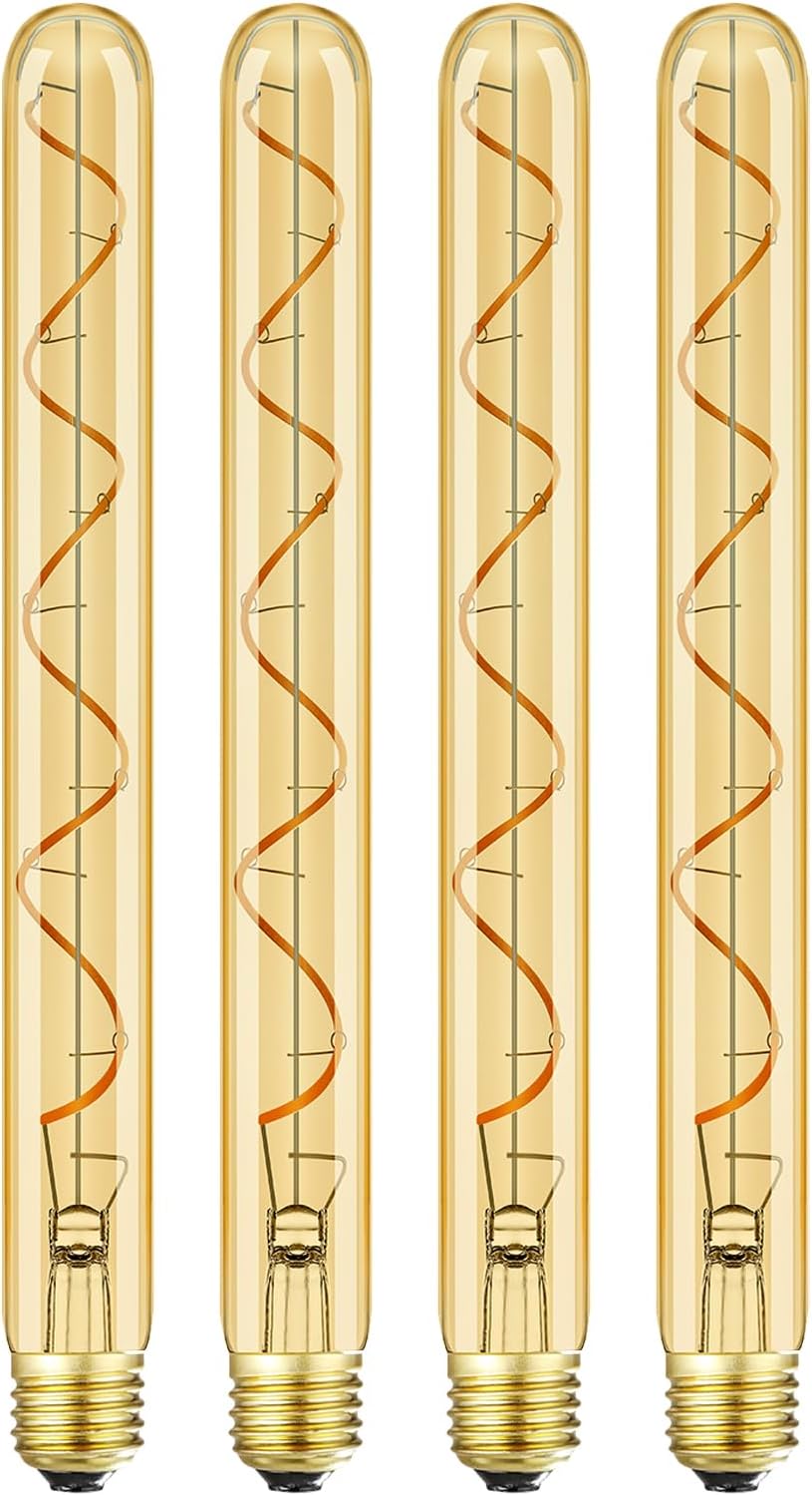 Leools Vintage LED Spiral Filament Bulb T10,11.8inch Long Tubular Dimmable Edison Light Bulbs,E26 Medium Base,Amber Glass,Warm White,2200K,400LM(40W Equivalent),T30 Led Tube Bulb,Pack of 4.