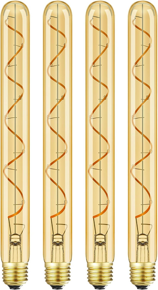 Leools Vintage LED Spiral Filament Bulb T10,11.8inch Long Tubular Dimmable Edison Light Bulbs,E26 Medium Base,Amber Glass,Warm White,2200K,400LM(40W Equivalent),T30 Led Tube Bulb,Pack of 4.