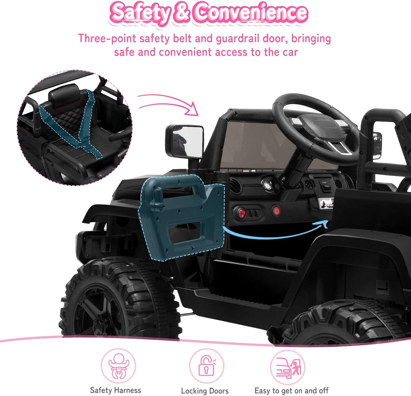 JOYMOR Ride on Truck with Remote Control, 4 Wheels 12V Battery Powered Kids Car, with LED Headlight/Horn Button/ MP3 Player/USB Port/Forward Backward/Kids Girl Boy (Black)