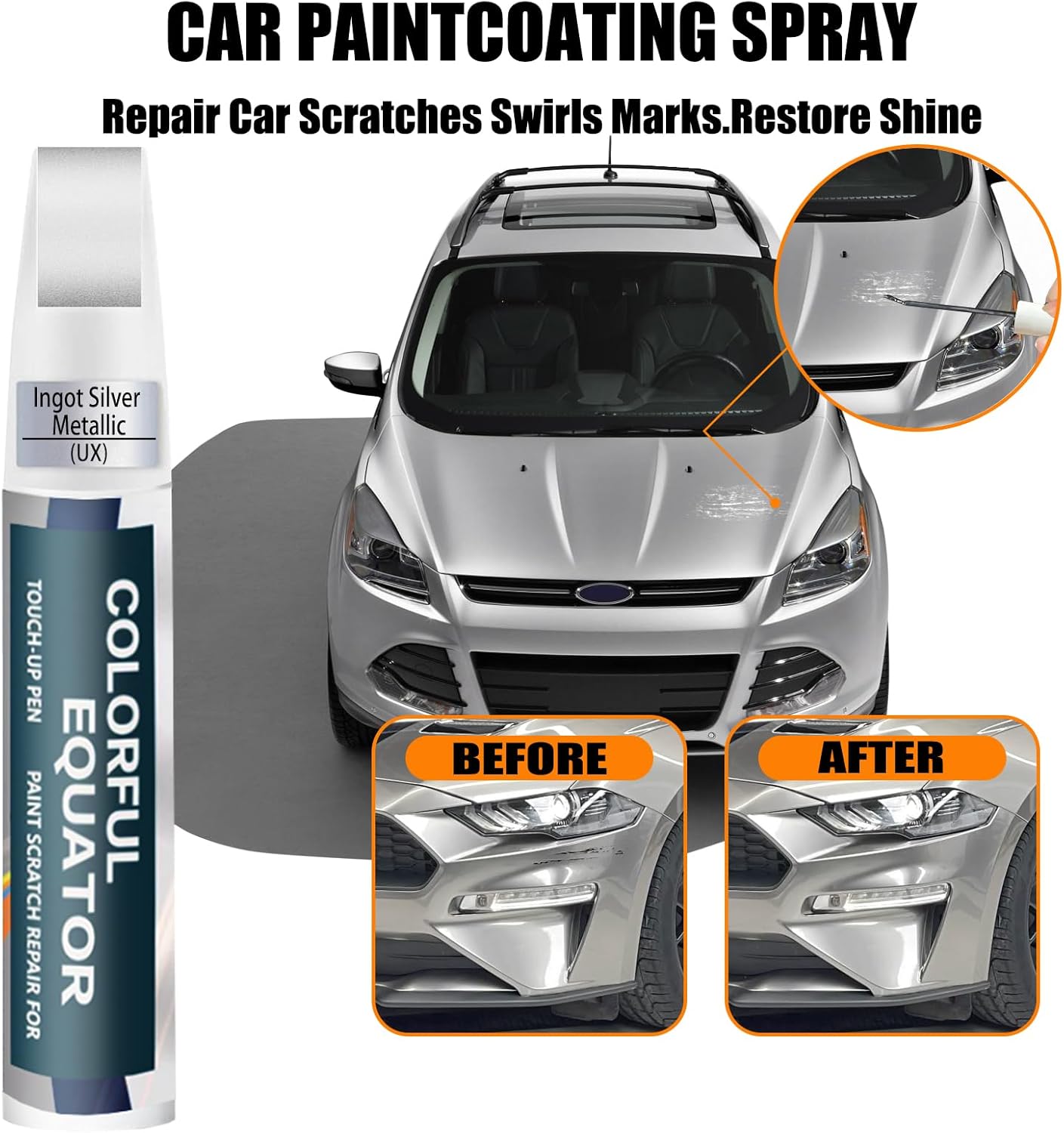 UX Ingot Silver Metallic Touch Up Paint for Ford, Car Paint Pen Scratch Repair Two-In-One Touch Up Paint, Premium Car Scratch Remover for Deep Scratches
