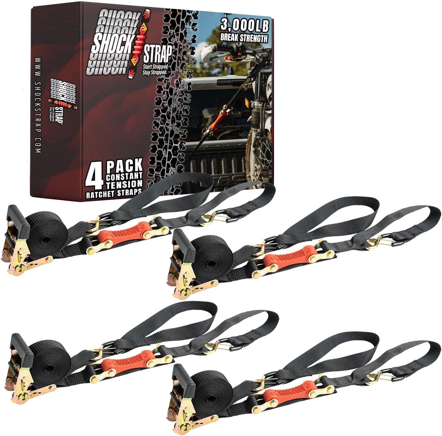 Ratchet Strap, 7’ x 1.5" Shock Absorbing Heavy Duty Tie downs for Cargo, 1,000 LB WLL / 3,000 LB Break Strength, 4-Pack