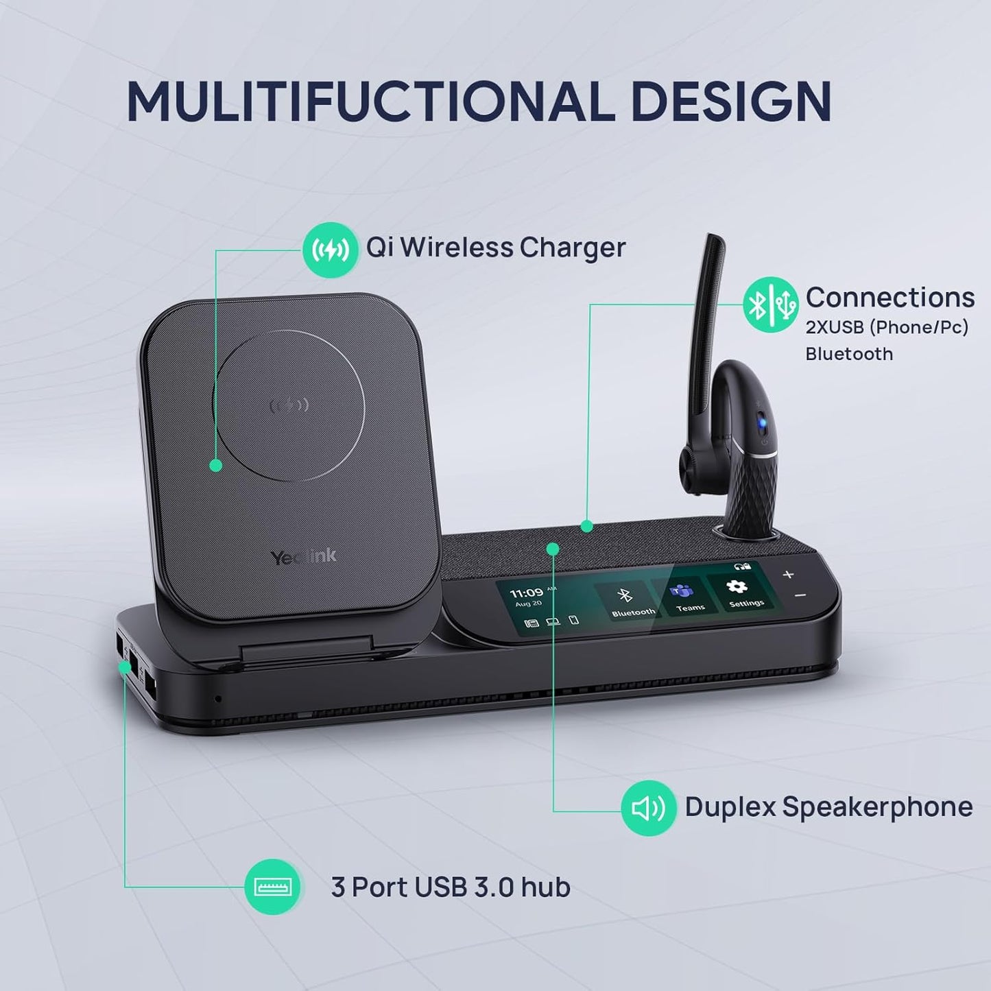 Yealink BH71 Bluetooth Headset Workstation, Office Wireless Headset with Noise Canceling Mic, Speakerphone, Wireless Charging Pad, Charging Case, Connect to Desk Phone, PC, Work with Teams Zoom