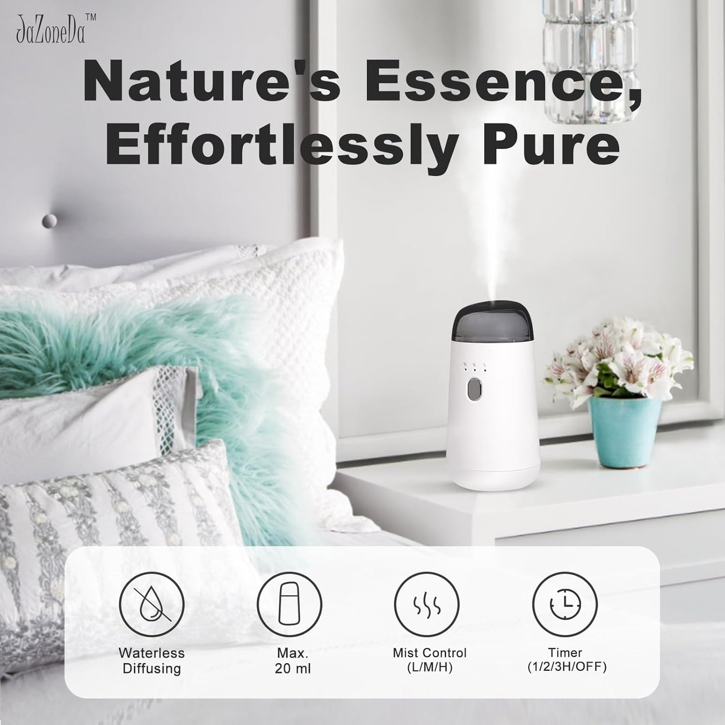 Waterless Diffuser for Essential Oil, Rechargeable Mini Aromatherapy Diffuser for Home & Car, Portable Cordless Design, Fits Car Cup Holder, 3 Mist Levels, 2-Hour Timer, Type-C Charging