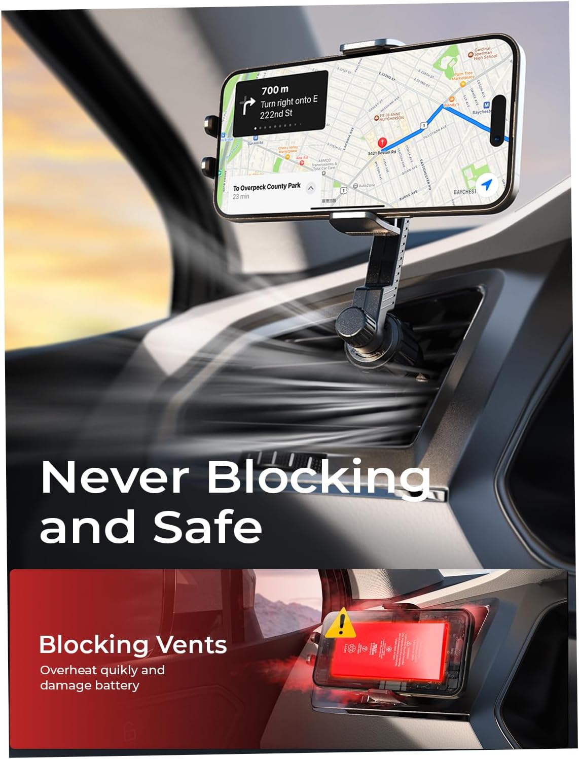 LISEN Phone Mount for Car Vent [Never Blocking] Rotatable Car Phone Holder Air Vent Clip 2024 Hands Free Cell Phone Car Mount for iPhone 15 Pro Max Plus 14 13 12 Samsung Android, Silver