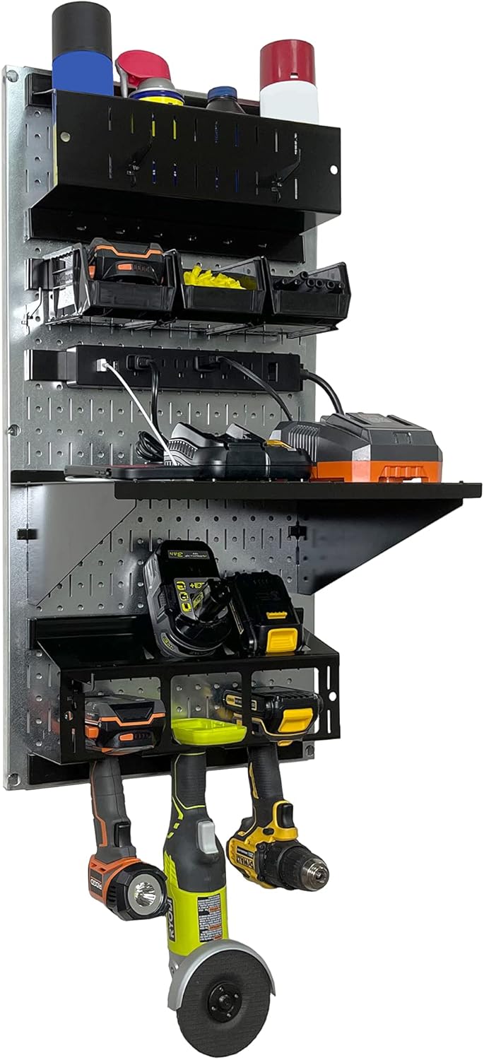 Wall Control Power Tool Storage Organizer Kit Cordless Drill Holder Charging Station Rack 16” x 32” Metal Pegboard Organization System (Metallic Pegboard)