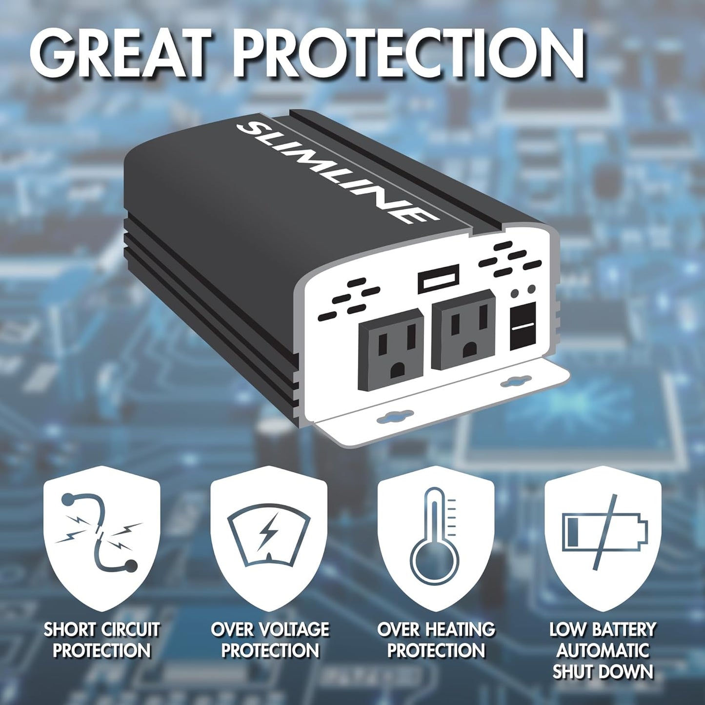 Wagan EL3718 800W Slim Line AC to DC Power Inverter 800W TrueRated Continuous 1600W Surge Power DC 12V to AC 110V Power Inverter with 2 AC Outlets and 2A USB Charging Port