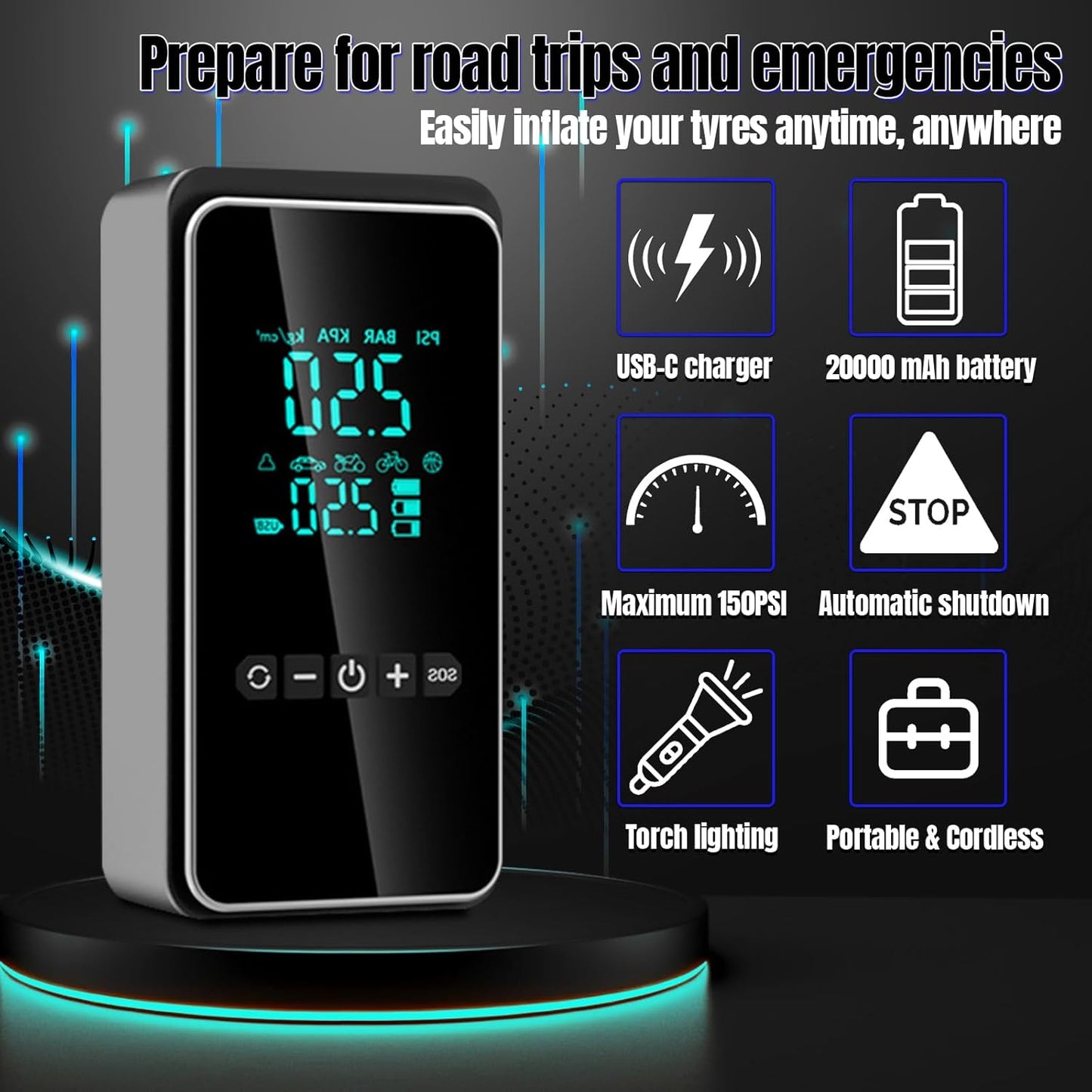 Tire Inflator Portable Air Compressor with Tire Repair Kit, 150PSI & 3X Faster Cordless Tire Pump with LCD Dual Display for Car, Bike, Motorcycle, Ball