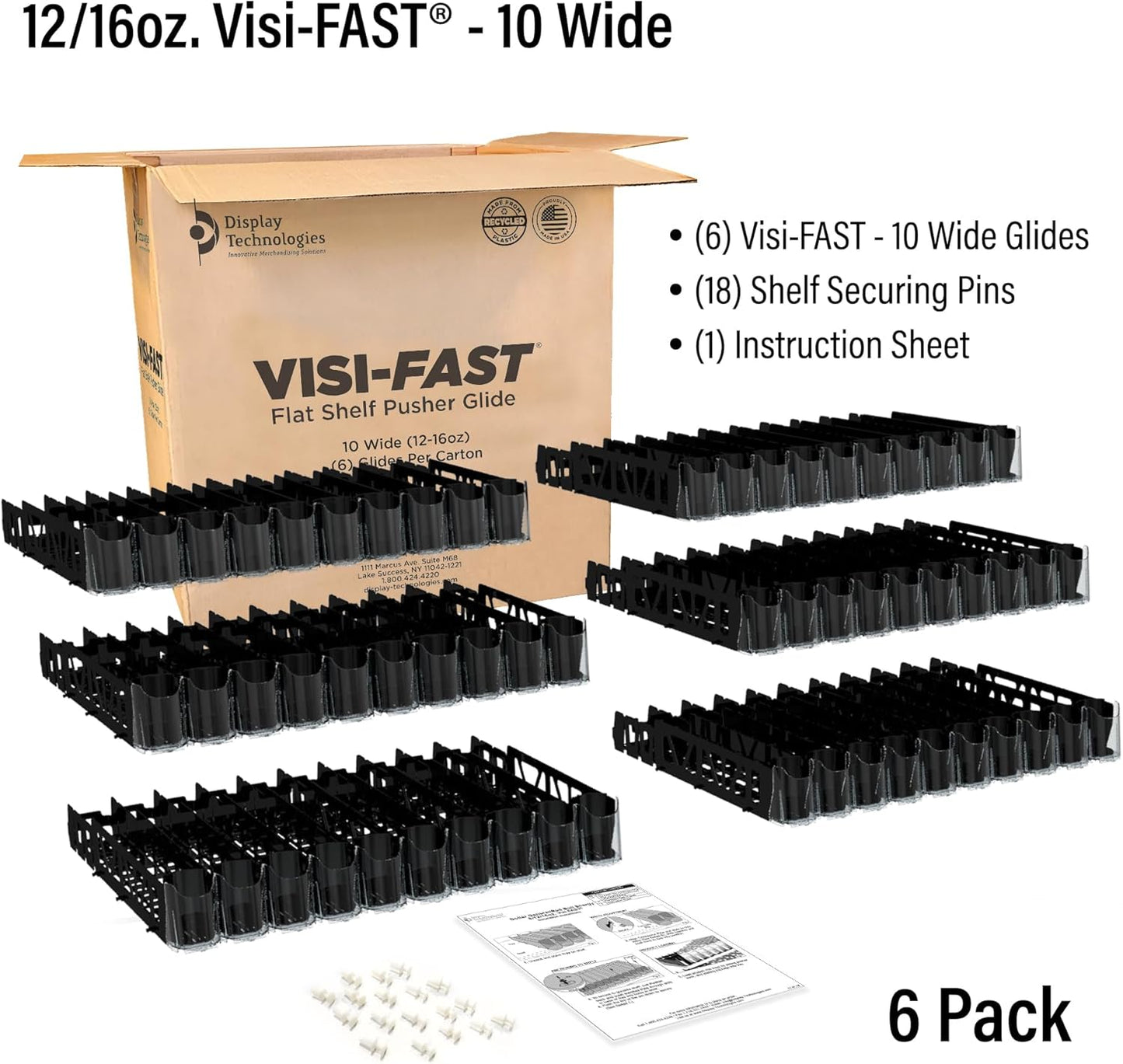 Visi-FAST Spring Push Drink Dispenser, Refrigerator Organizers and Storage for 12/16 oz Beverages, Bottles, and Cans, Drink Dispenser for Fridge, Commercial and Home, (Pack of 6)