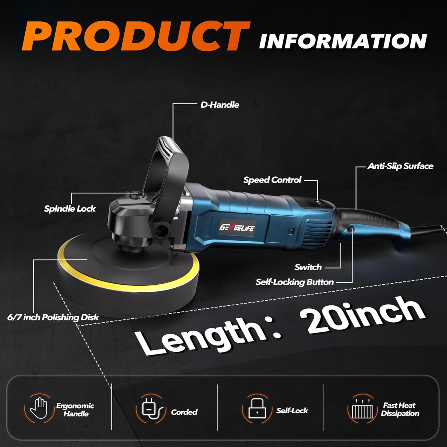 Buffer Polisher, 6 Inch/7 Inch 1600W Rotary Car Buffer Polisher Waxer, 7 Variable Speed 1000-3500 RPM, Detachable Handle for Car, Boat Sanding, Polishing, Waxing