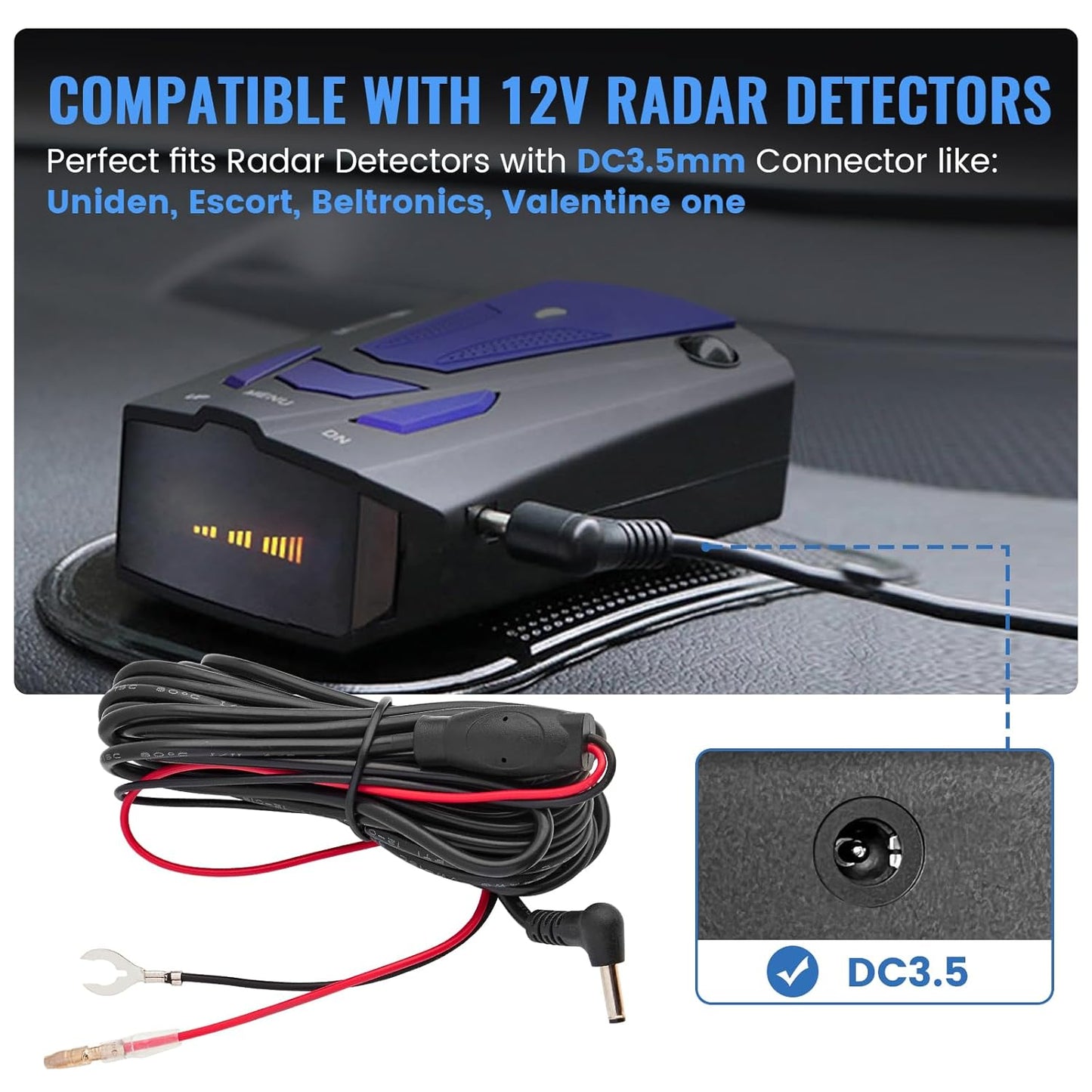 EWAY Radar Detector Hardwire Kit, DC3.5 Direct Wire Wiring Kit for Radar Detectors Power Cord Replacement for Cobra RAD 350 380 450 480i XRS9370 XRS955 XRS5300 XRS7700 Whistler Escort Uniden (13FT)