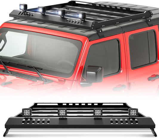 Roof Rack Cargo Basket with 4PCS LED Light Bar Compatible for 2007-2024 Jeep Wrangler JK JL Unlimited & Gladiator JT 4 Doors Hardtop, JKU JLU Luggage Racks Rooftop Storage Carrier (Black)