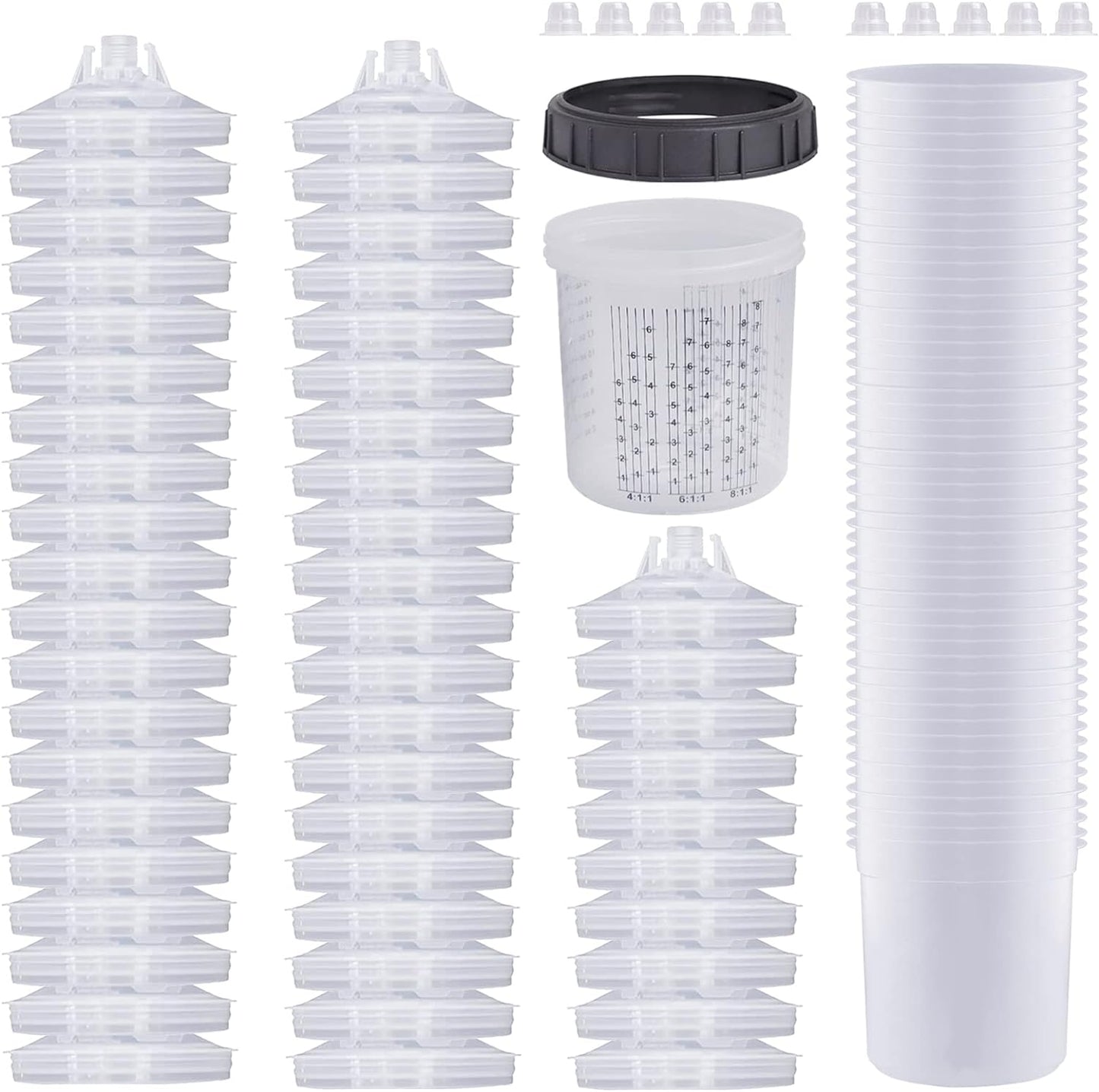 Disposable Paint Sprayer Mixing Cup for Automotive Paint Gun, HVLP Paint Spray Paint Gun 20 Ounce (600ml) Kit with 50 Cups and Lids System, 1 Hard Cup with Retainer Ring and 10 Plugs