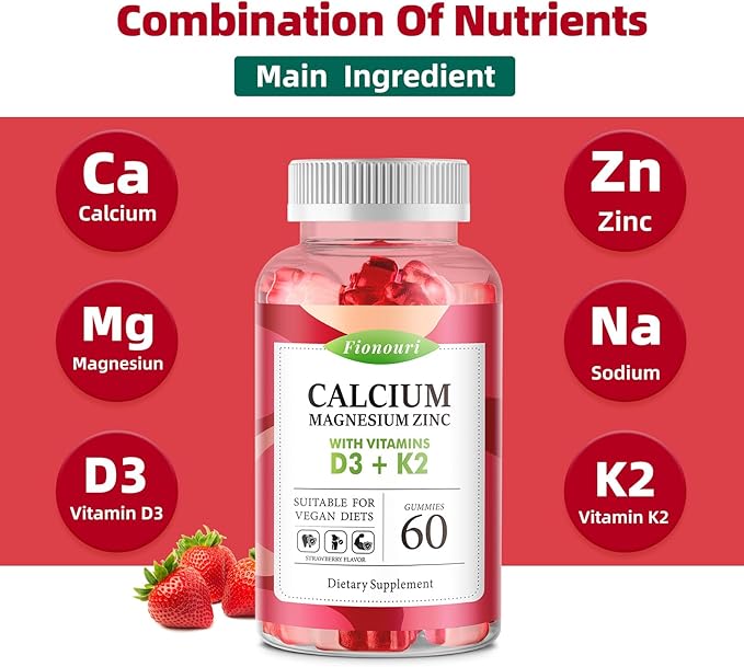 Calcium Magnesium Zinc Gummies with Vitamin D3 & K2 - High Potency Enhanced Absorption -60 Strawberry Gummies Flavored
