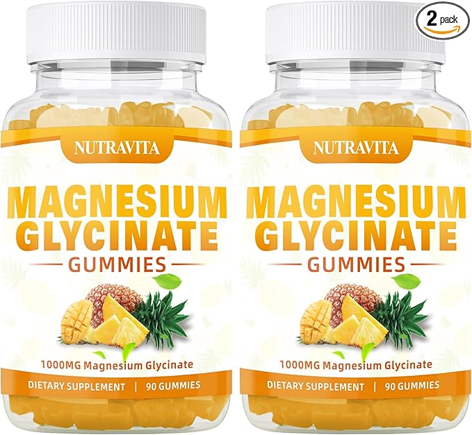 Magnesium Glycinate Gummies 1000mg with Magnesium L-Threonate,Chelated Magnesium Potassium Complex Supplement with VitD, B6, CoQ10, Calcium,Supports for Memory, Calm, Mood-180 Mango Pineapple Gummies
