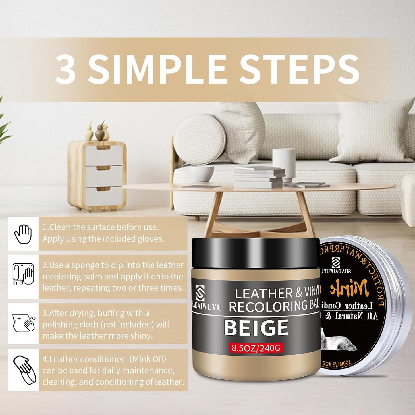 8.5oz Leather Recoloring Balm with 100ml Mink Oil,Beige Leather Repair kit for Furniture and Car Interior,Leather Couch Scratch Repair,Leather Dye Paint,Mink Oil for Leather