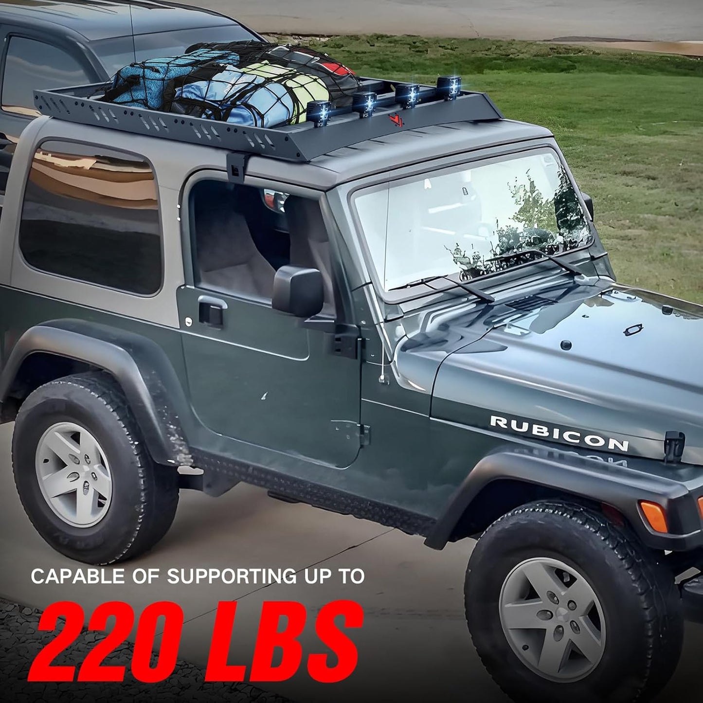 Roof Rack Cargo Basket with 4PCS LED Light Bar Compatible for 1997-2006 Jeep Wrangler TJ 2 Doors Hardtop, Luggage Racks Rooftop Storage Carrier (Black)