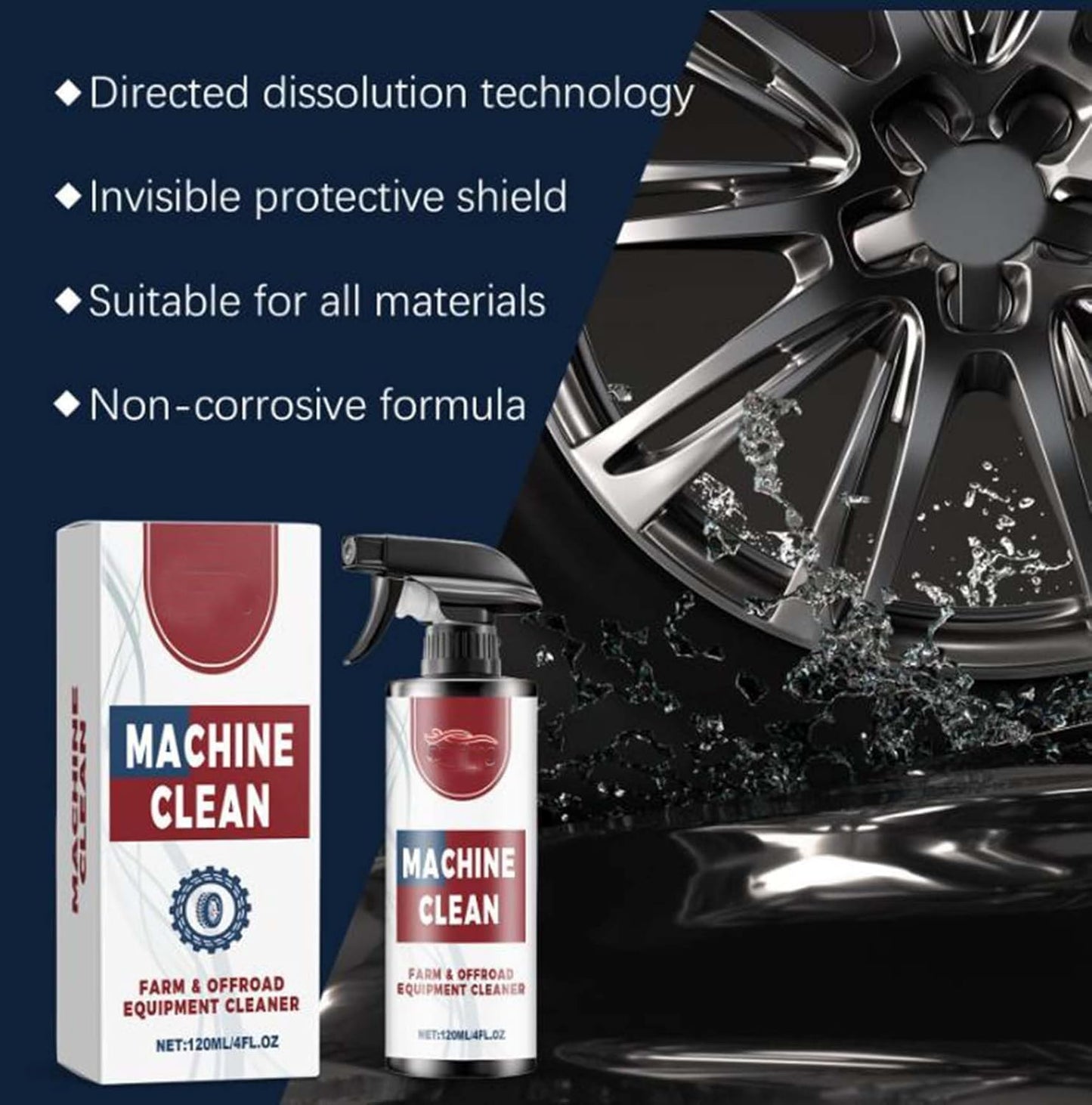 Machine Clean Spray, Machine Clean Outdoor All-Purpose Cleaner, Heavy-Duty Outdoor All Purpose Cleaner,Compatible with all wheel materials and finishes(120ml*2 PCS)