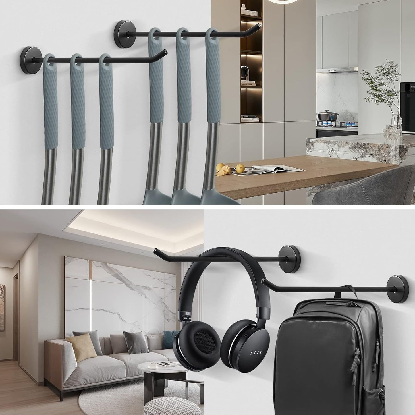 NearMoon Coat Hooks, Wall Hooks for Hanging Hat Hurse Robe, 304 Stainless Steel Heavy Duty Towel Hangers for Bathroom Livingroom Hotel Kitchen Garage, 6 Pack (8 Inch, Matte Black)