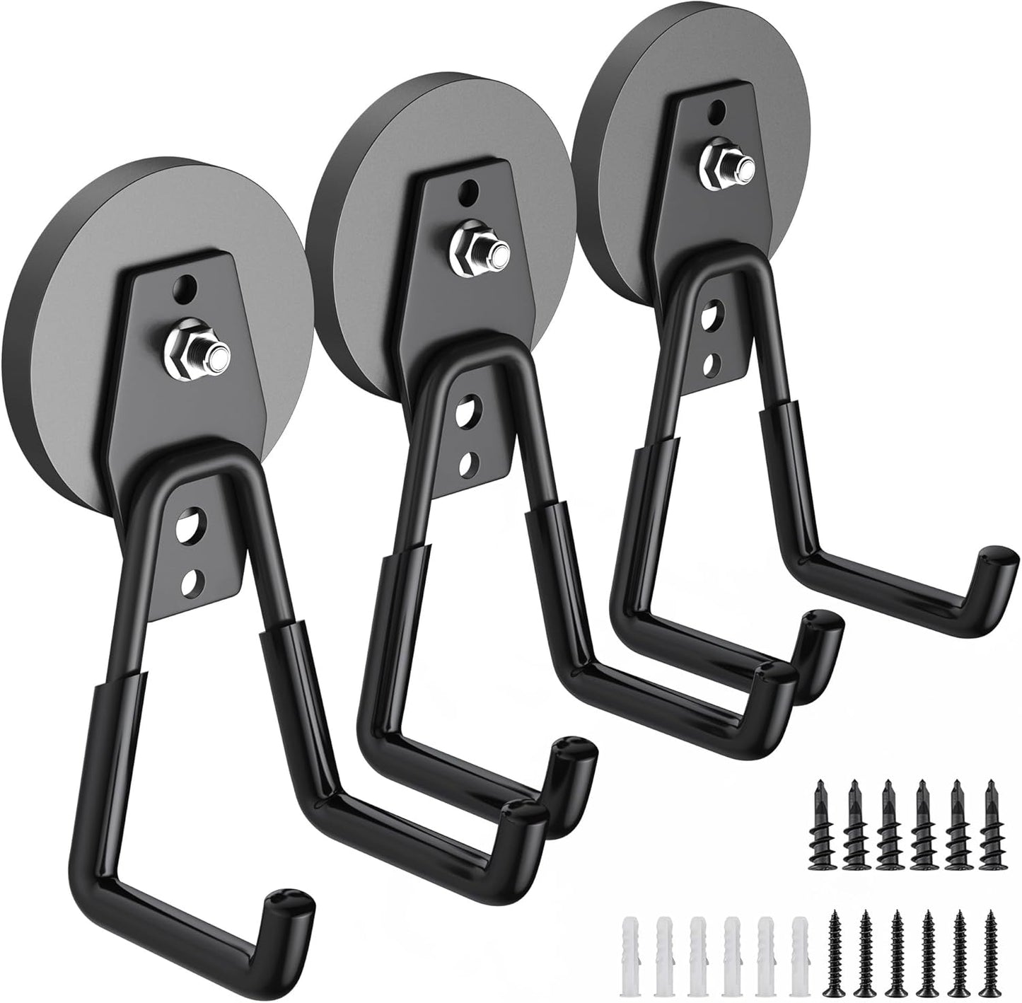 3Pcs Heavy Duty Storage Magnetic Utility Hooks Large Garage Strong Extra Magnet Hooks Hanger with Anti-Slip Coating Heavy Duty Magnetic Hooks for Hanging Power Dril Garage Garden Tools Black