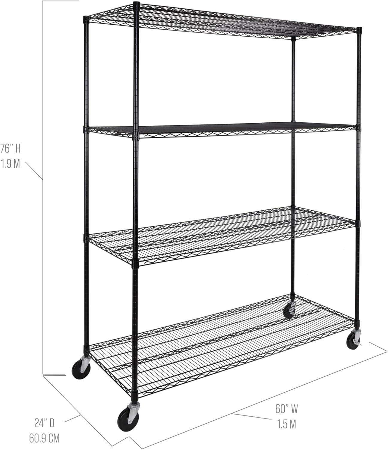 Seville Classics UltraDurable Heavy Duty NSF Solid Steel Wire Rack Storage Unit, Organizer for Garage, Warehouse, Office, Restaurant, Classroom, Kitchen, Black, 4-Tier Shelving, 60" W x 24" D