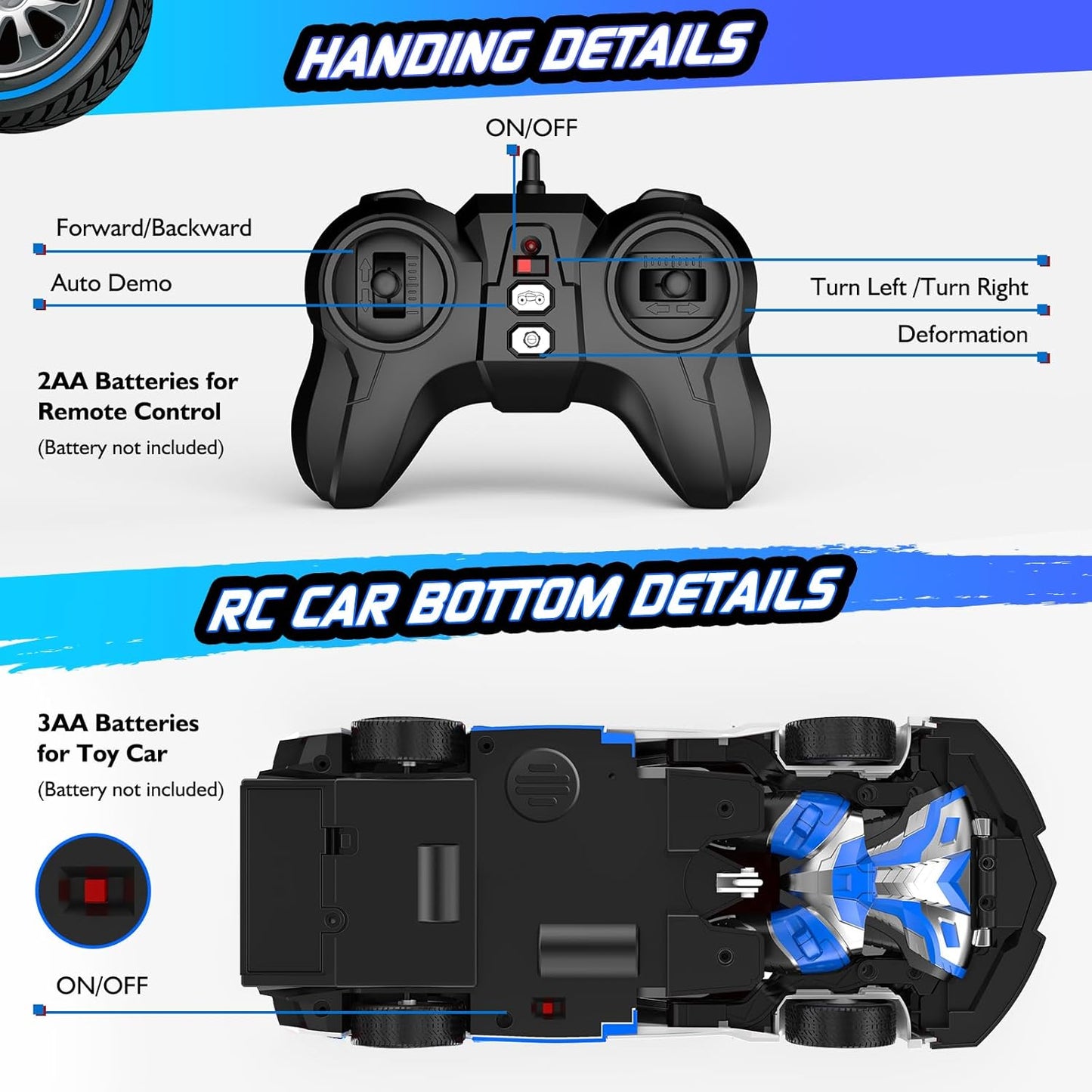 Remote Control Car for Boys 4-7, 2.4GHz RC Car 1:18 Scale, One-Button Transforming Toy with 360° Spins, LED Lights (Blue)