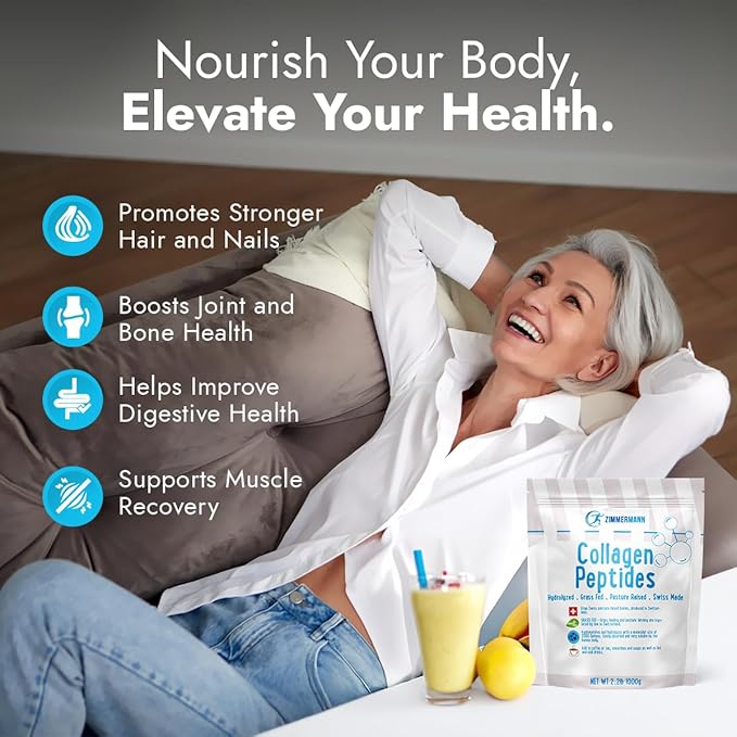 Zimmermann Collagen Peptides Powder 2.2lb 1000g, Produce of Switzerland, Grass Fed, Hydrolyzed, Unflavored, for Women & Men - Hair, Skin, Nail, & Joint Support, Keto, Type I and III.