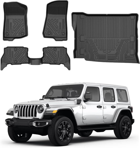 Powerty Floor Mats & Cargo Liner for 2021-2025 Jeep Wrangler 4XE 4 Door Accessories Floor Mats 2 Row Liner Set All Weather TPE 3D Floor Liners&Rear Cargo Mat (Not for JL/JK/4X4)