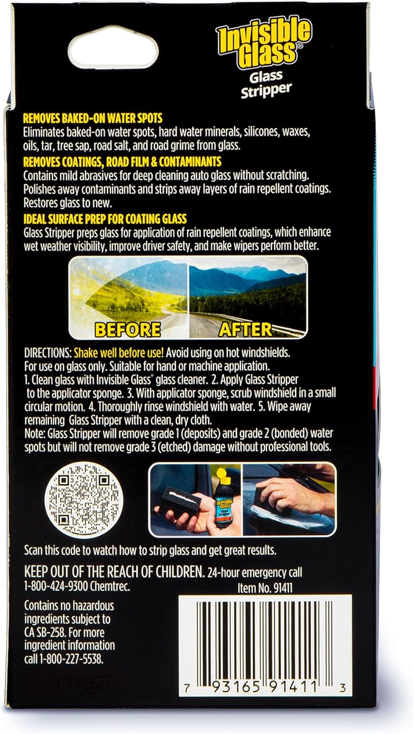 Invisible Glass 91411 Glass Stripper – Hard Water Spot Remover – Strips Coatings, Waxes, Oils & Road Film – Preps Windshields for Rain Repellent & Ceramic Coating – 4 Fl Oz