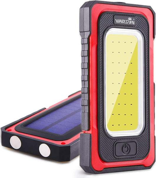 WARSUN Rechargeable Portable Magnetic Work Light, LED Flood Light Waterproof for Outdoor Camping Hiking Emergency Car Repairing (USB + Solar Charging, Red)