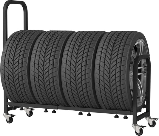 Rolling Tire Rack 43.5" x 13" x 37.4", 2 in 1 Metal Garage Tire Storage Rack w/4 Swivel Casters with Brake for Garage Storage