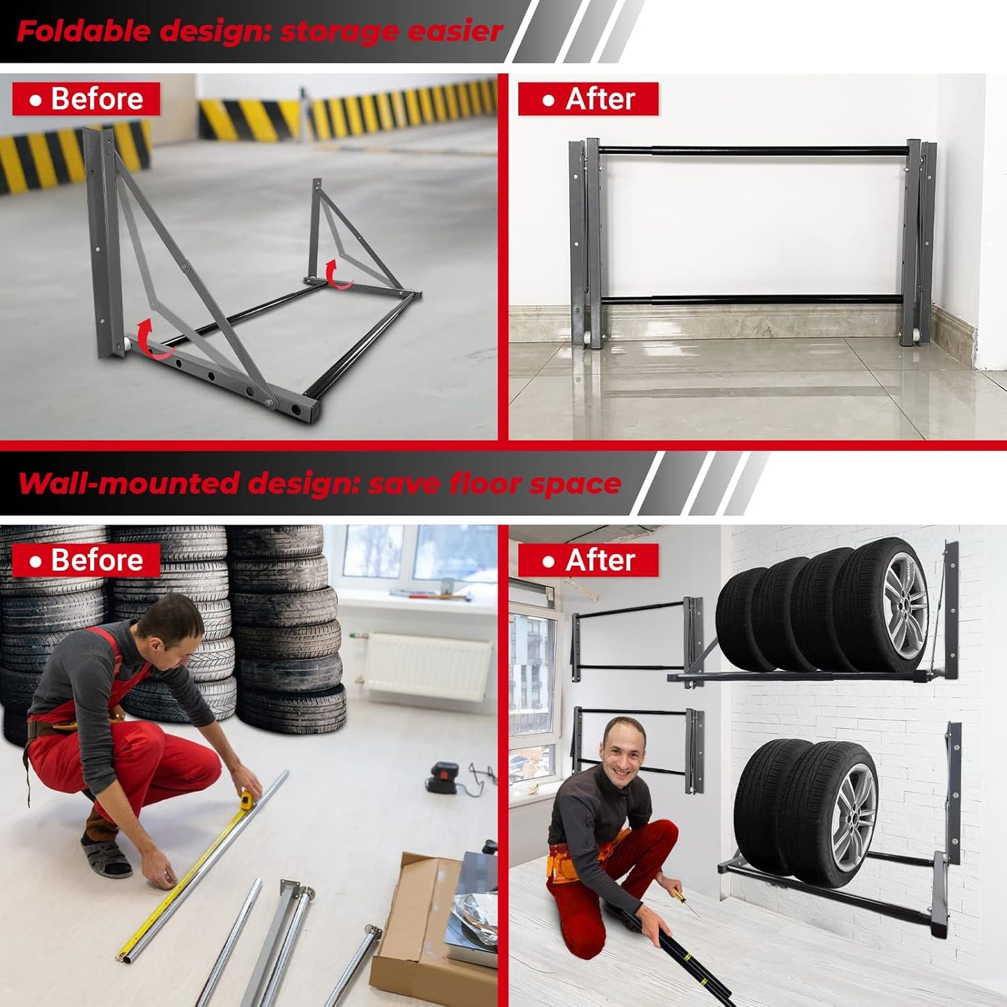 Tire Storage Rack for Garage, Folding Tire Rack Wall Mount with Heavy Duty Steel, Adjustable Multi-Tire Wheel Storage(32"-48") x 22" x 22", Grey