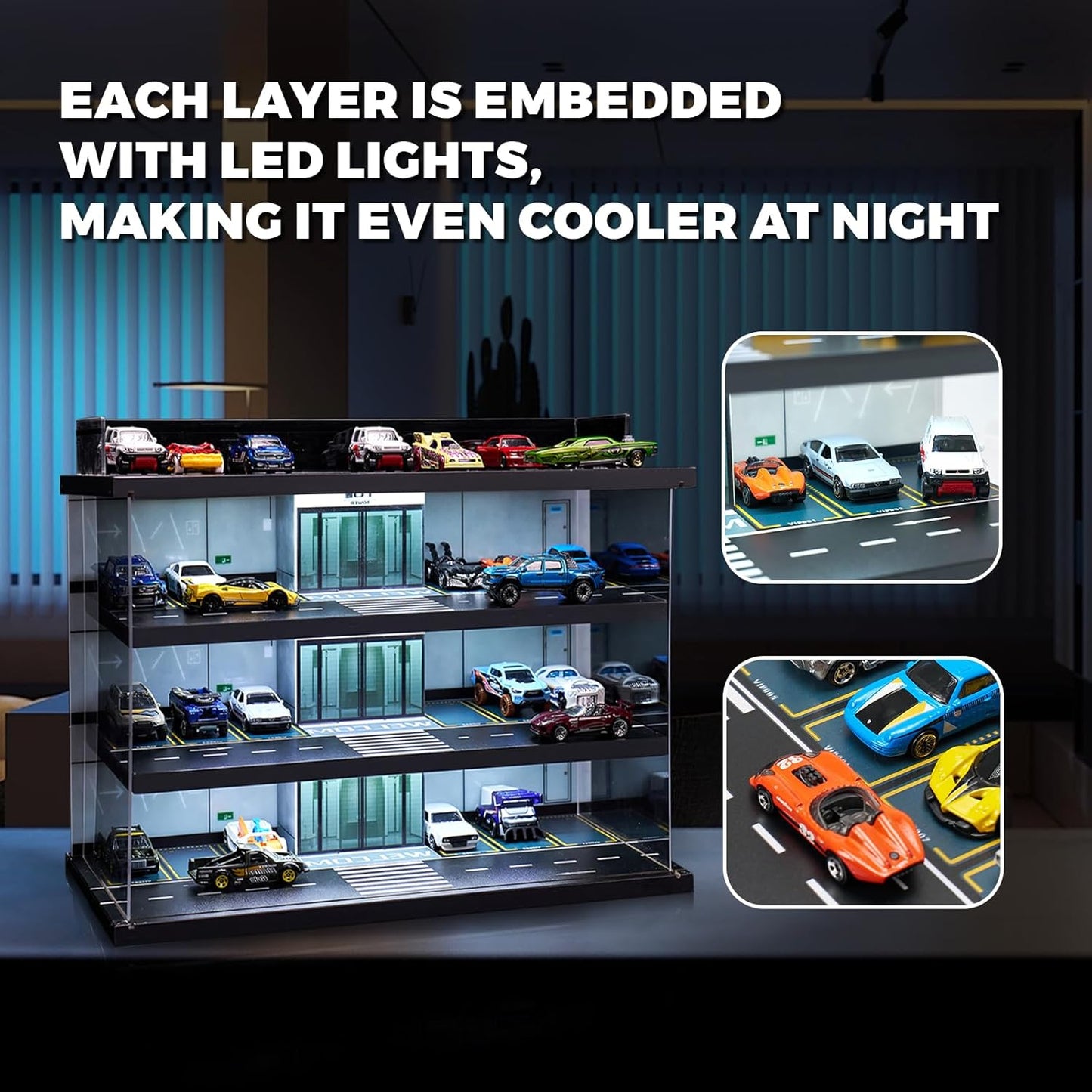 Display Case for Hot Wheels Garage & Matchbox Cars with LED Light, 1/64 Scale Diecast Toy Cars Garage, Storage Case for Hot Wheels, Parking Garage Diorama with 4 Levels Maximum 58 Cars
