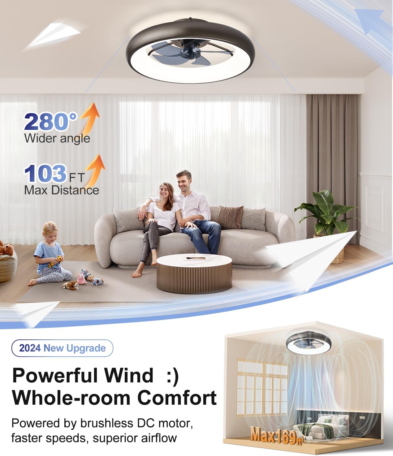 Ultra Low Profile Ceiling Fans with Lights and Remote Ultra Quiet 25 dB, 21" Modern Flush Mount LED Ceiling Fan Fandelier Ceiling Fan for Bedroom