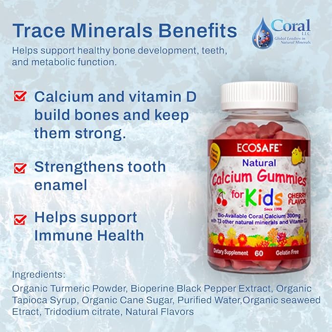 ECO SAFE Coral Calcium Vitamin D3 Kids Gummy, Natural Cherry Flavor, Non GMO, Gluten-Free, Dairy-Free, Soy-Free and Gelatin Free - 300 mg of Calcium, and 800 IU of Vitamin D3-60 Gummies (2 Pack)