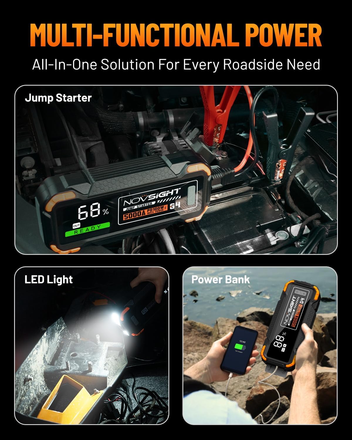 NOVSIGHT Car Battery Jump Starter - 5000A Portable Battery Jumper (12.0L Gas/10.0L Diesel) 12V Car Starter Jump Box with USB Type-C Quick Charge, Bulit-in Charge 3 Modes, Dual Color Lights(Orange)