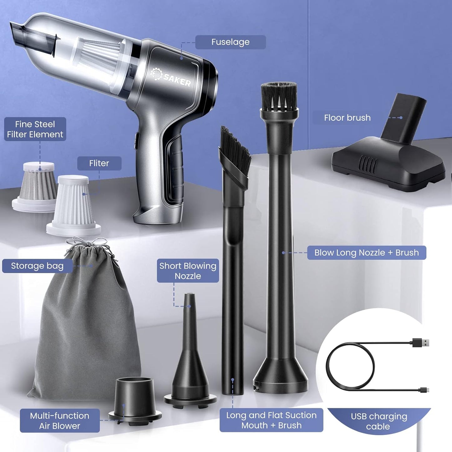 Saker Handheld Vacuum Cleaner Car - Wireless Mini Vacuum Cleaner 3 in 1 Multifunctional Brushless Motor 12000PA with USB-C,Portable Handheld Car Vacuum Cleaner for Keyboard Cleaning, Outdoor and Home