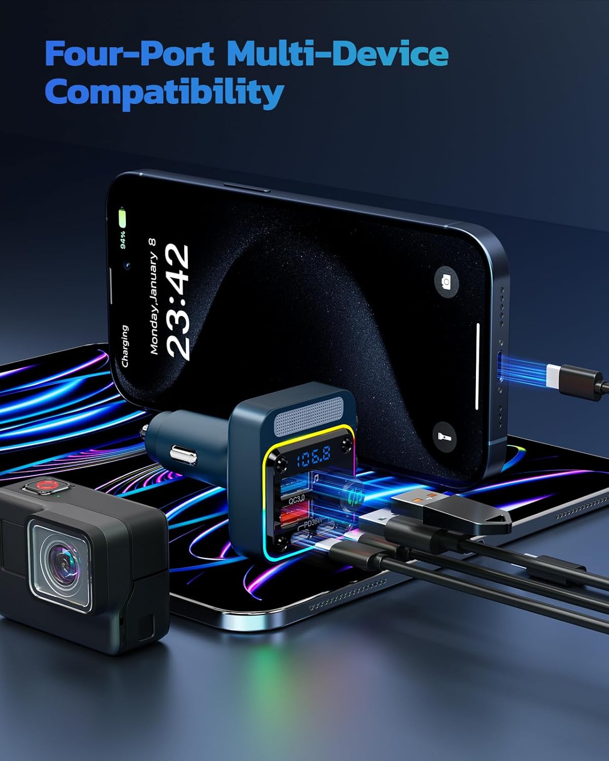 Nulaxy 54W Bluetooth 5.3 Car Adapter with 4 Charging Ports [PD 36W & QC3.0 18W], Wireless Radio FM Transmitter with Deep Bass Player & 5 Colors LED Backlit, Hands-Free Calling - Blue