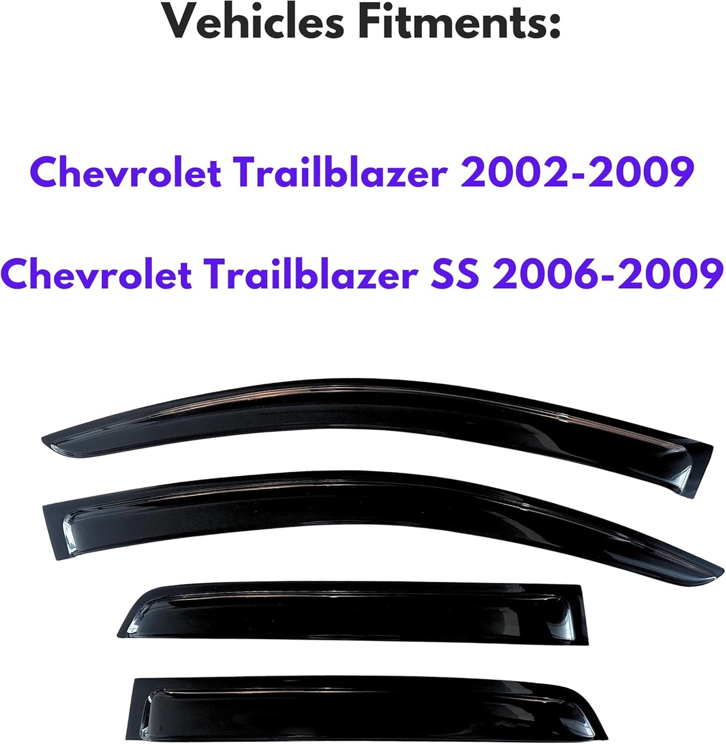 KPY Window Visor Compatible with Chevrolet Chevy Trailblazer 2002-2009 & Trailblazer SS 2006-2009, 4PC Rain Guard Side Window Vent Deflectors Tape-On Style, 2002 2003 2004 2005 2006 2007 2008 2009
