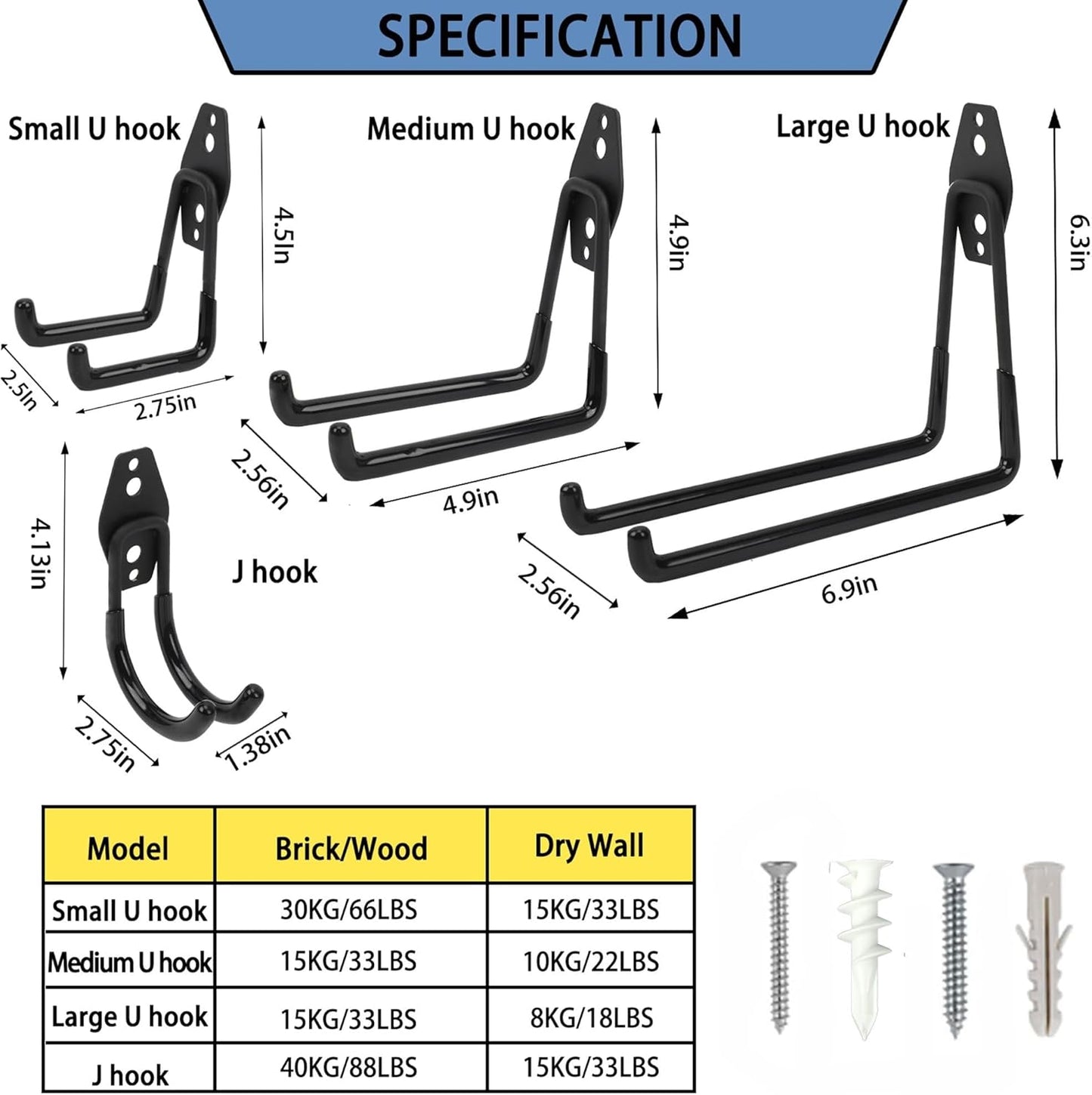 Wall Mount Heavy Duty Garage Hooks (4-Pack) – Wall Mounted Storage Hooks for Ladders, Bikes, Tools & More – Rust-Resistant Steel with Anti-Slip PVC Coating Small U Hooks