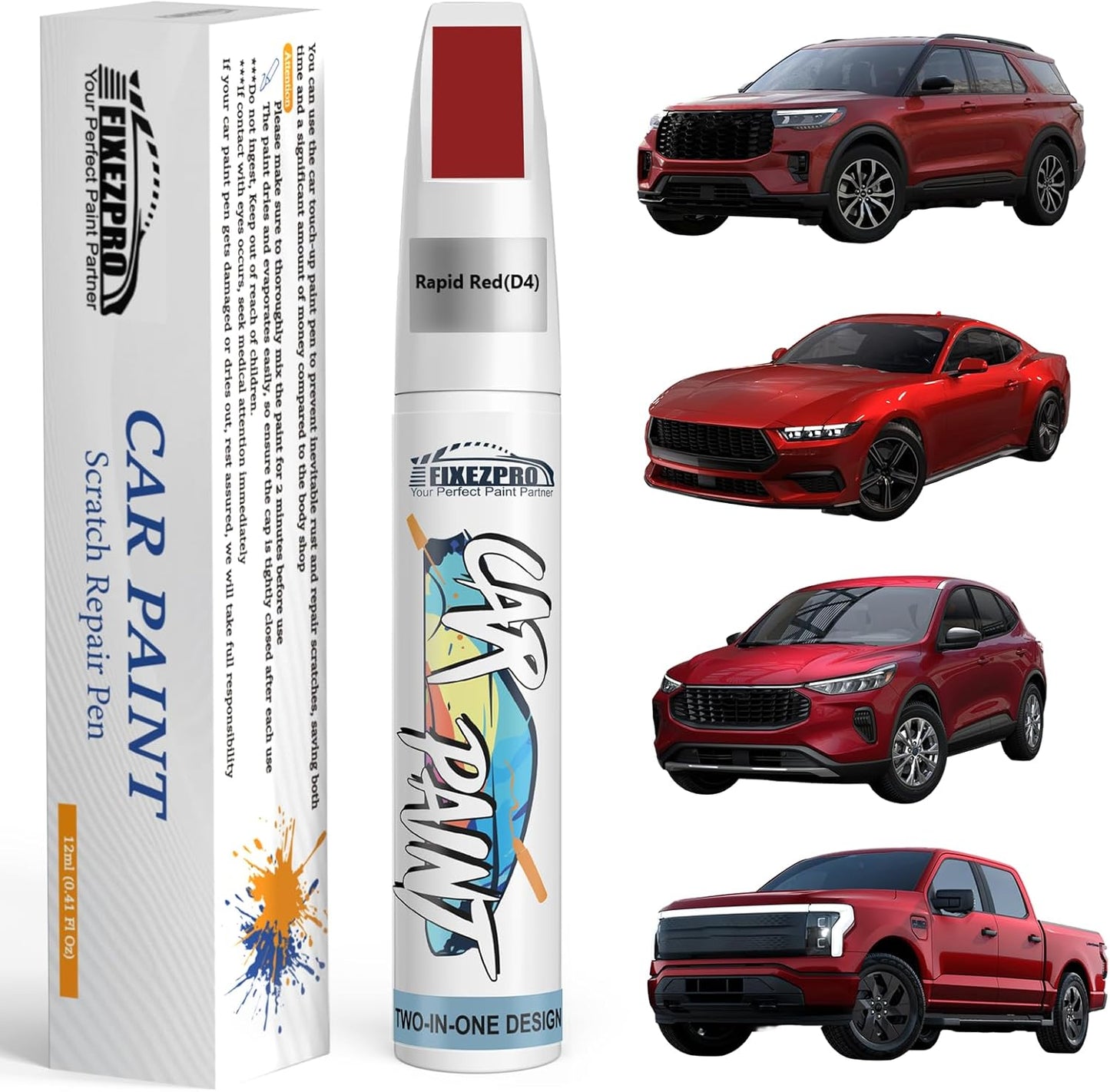 Rapid Red(D4) Touch Up Paint for Ford, Car Paint Scratch Repair Remover Pen Color Exact Match, Quick and Easy Fix Automotive Chips and Nicks Scuff
