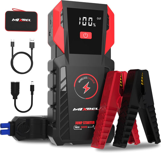 Jump Starter 3000A Peak 12V Portable Car Battery Jump Starter 24000mAh Jump Box for up to 8L Gas or 8L Diesel Engine Jump Starter Battery Pack with LED Light, USB QC 3.0 and Wireless Charging