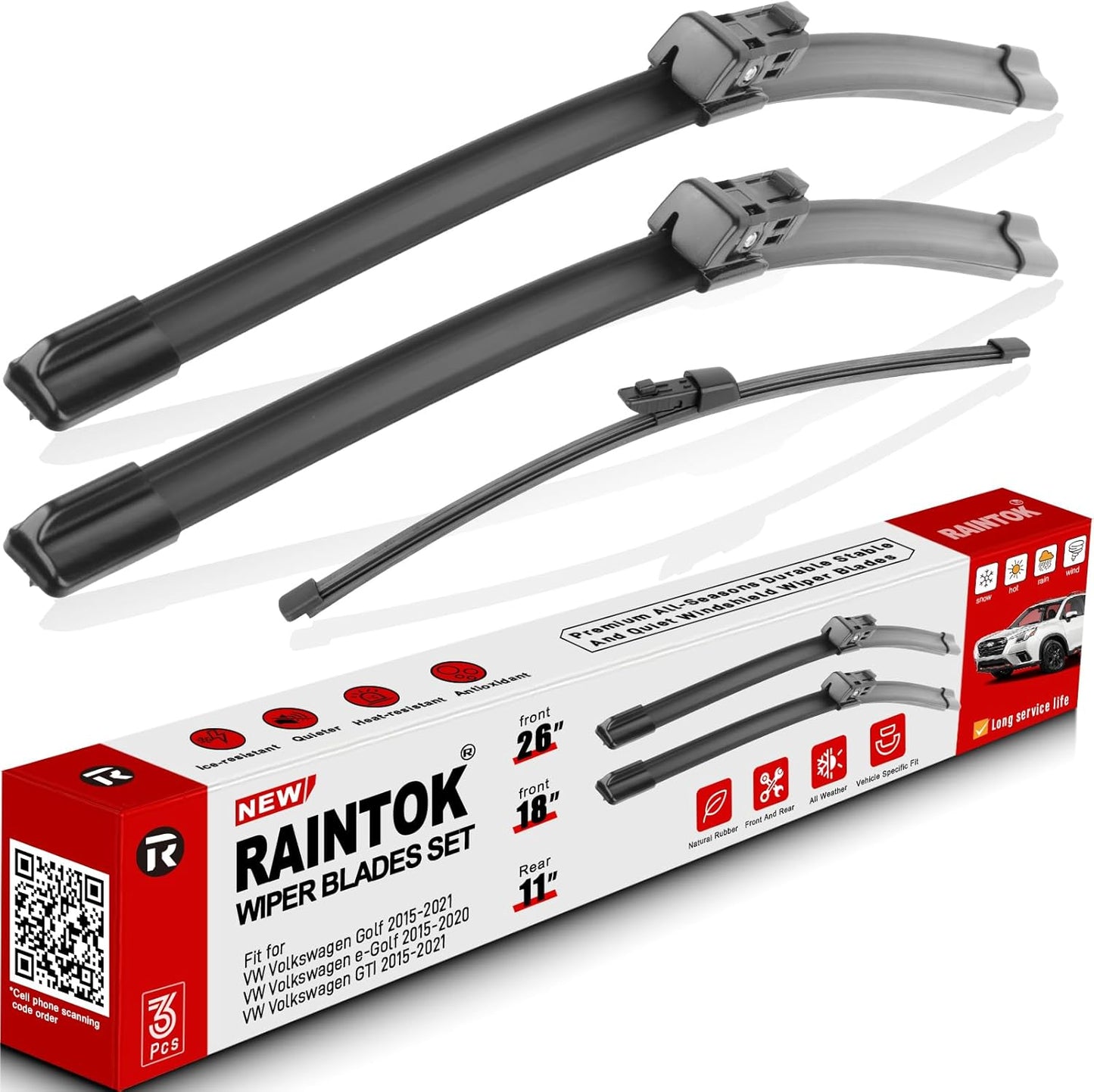 Windshield Wiper Blades - Replacement Set for Volkswagen Golf (2015-2021) & e-Golf (2015-2020) - Front & Rear (26", 18", 11") - Pack of 3